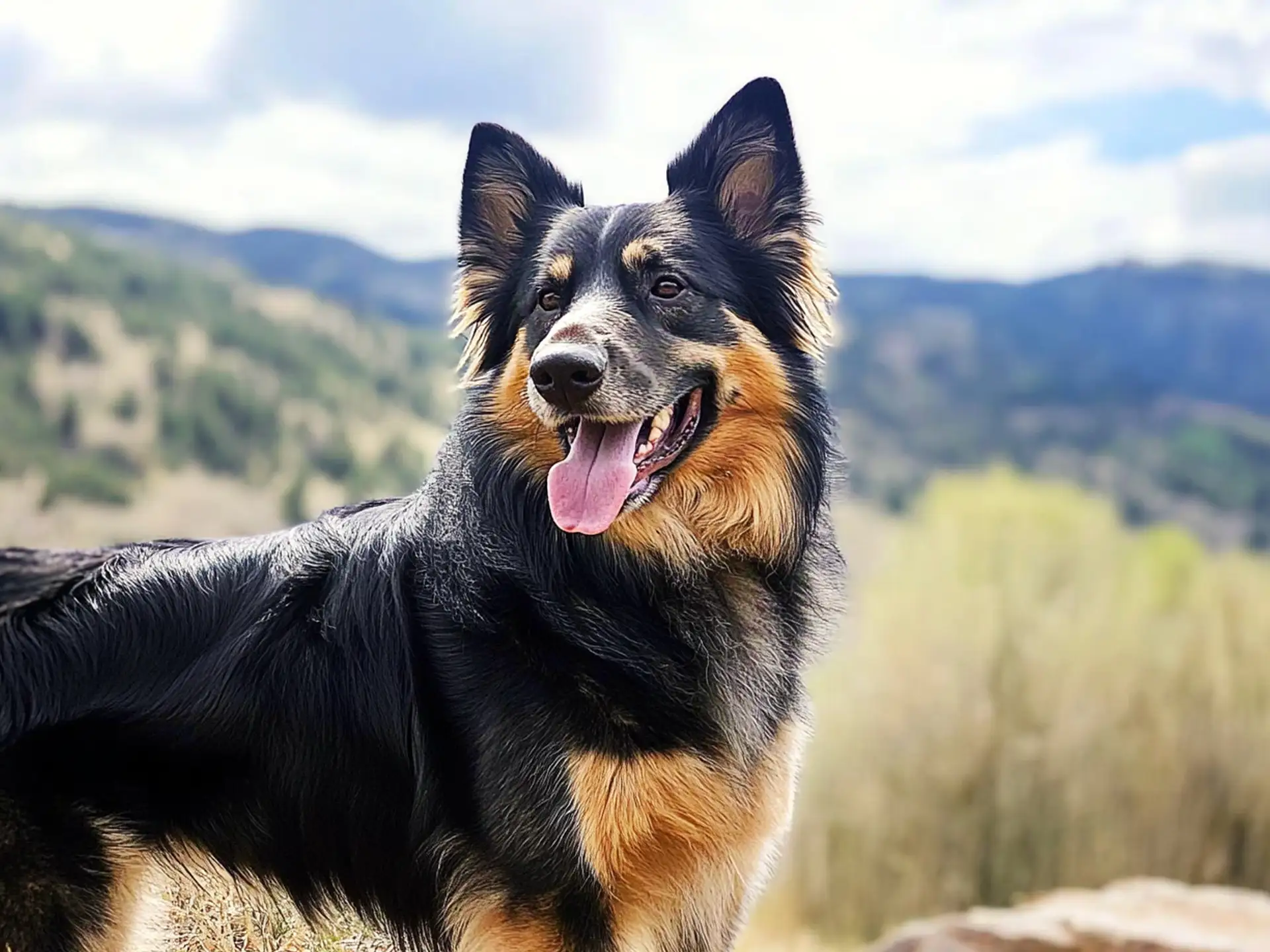 Bohemian Shepherd with a black and tan coat, standing happily in front of a mountain backdrop