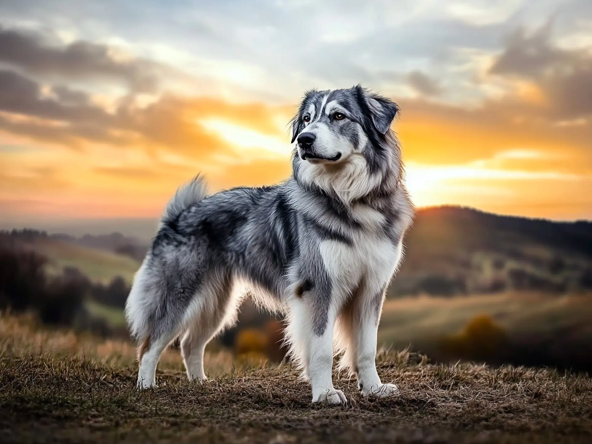 Carpathian Shepherd standing tall on a farm property, displaying its wolf-gray, thick coat