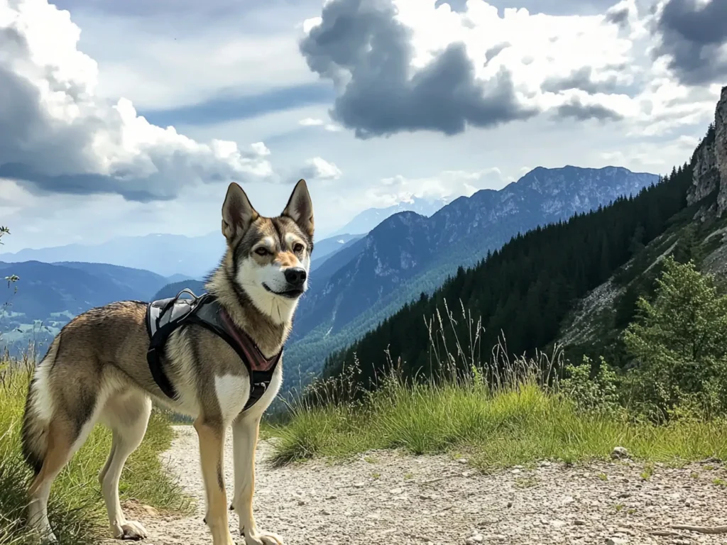 A lean Czechoslovakian Wolfdog with gray fur standing on a trail, resembling a wolf-like German Shepherd