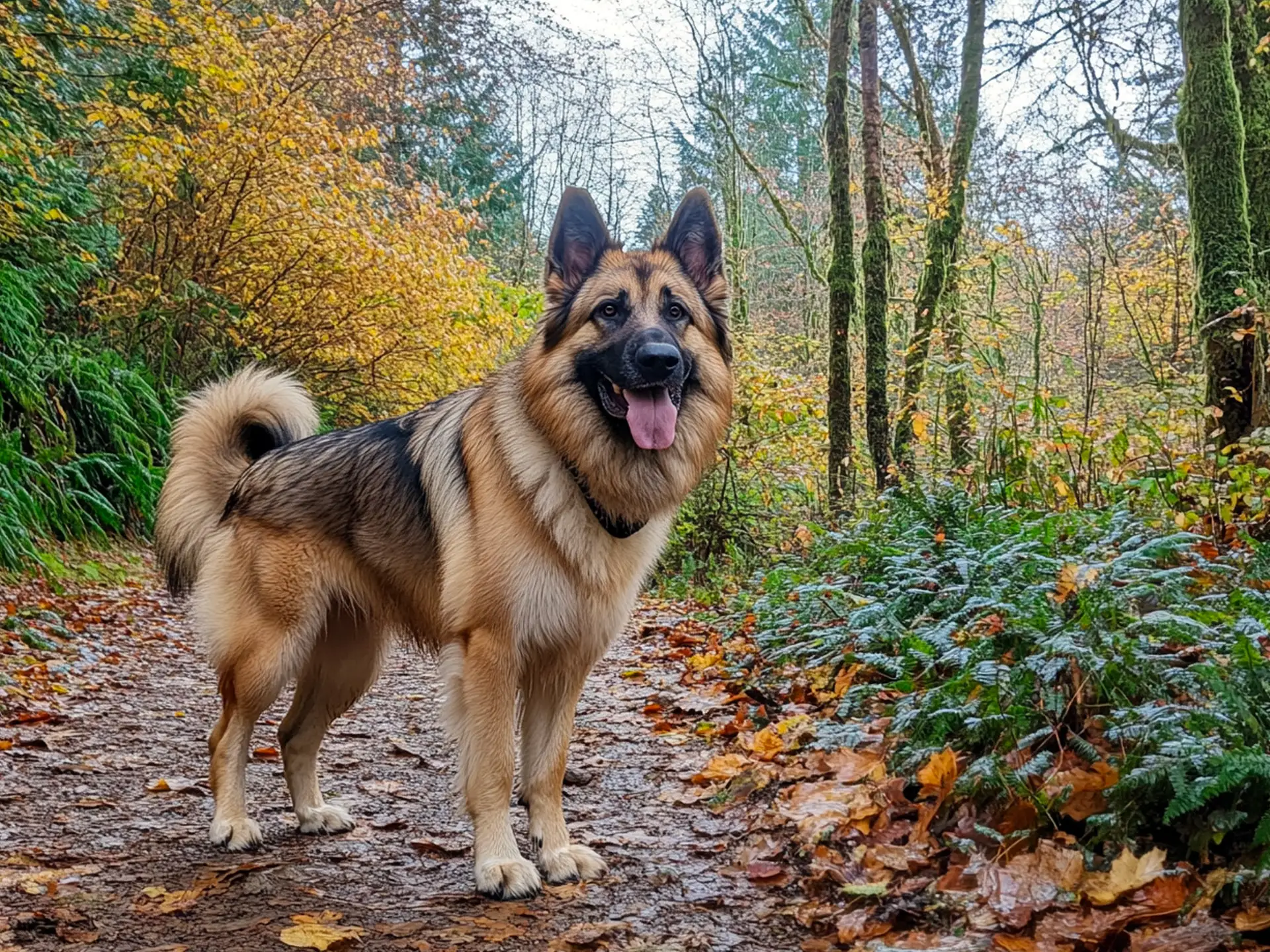 A large King Shepherd with a thick, long coat standing on a forest trail, looking alert.