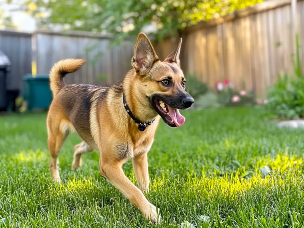 A smaller Shepherd-mix displaying black-and-tan coat patterns typical of German Shepherds, playing in a yard