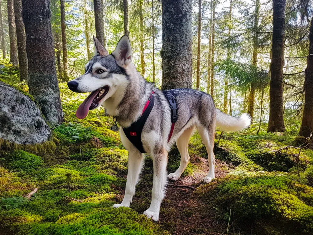 A Saarloos Wolfdog in a forest, showcasing a wolf-like gray and white coat and upright ears.