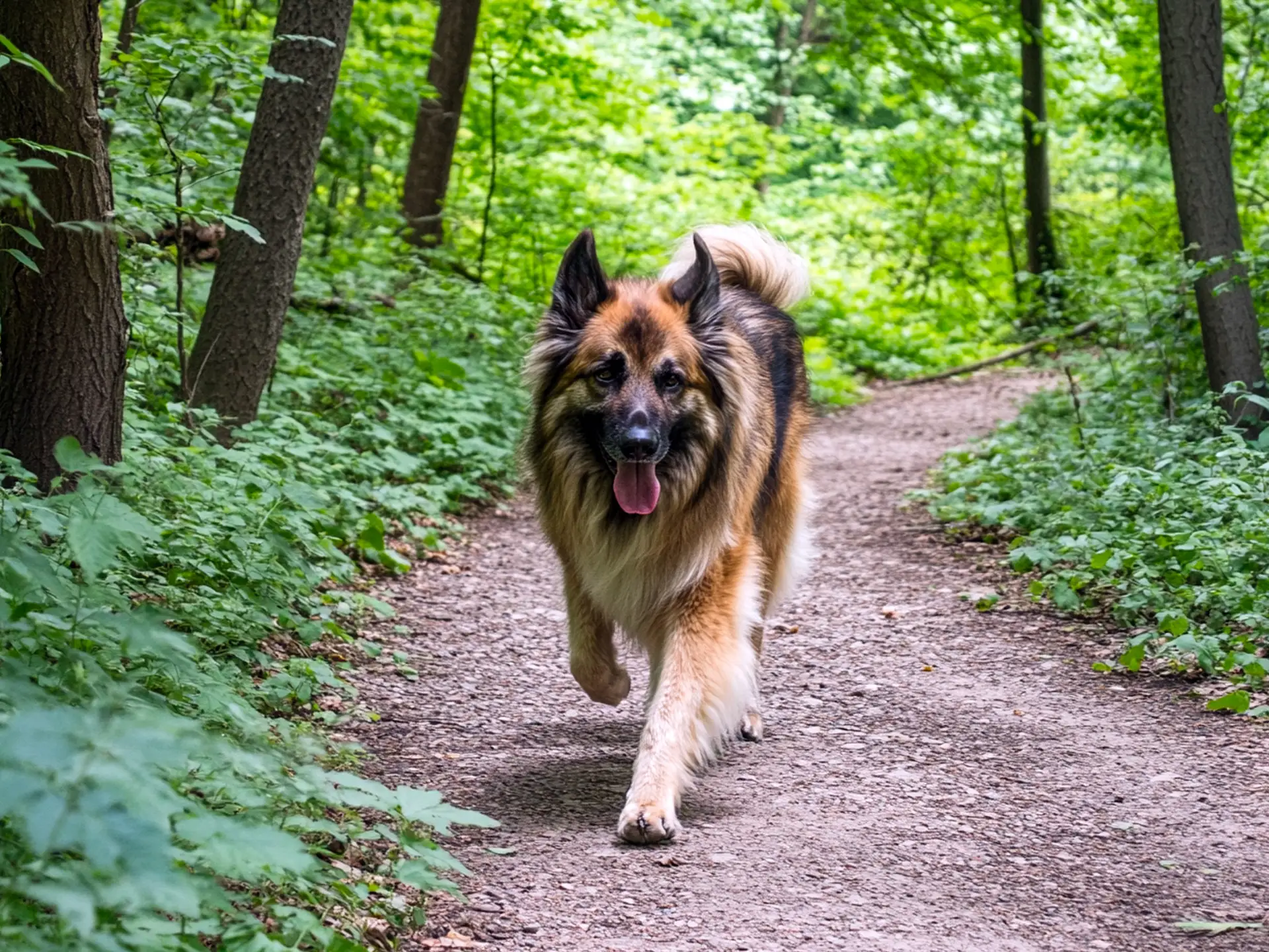 A large Shiloh Shepherd with a plush coat walking on a forest path, exuding a gentle demeanor.