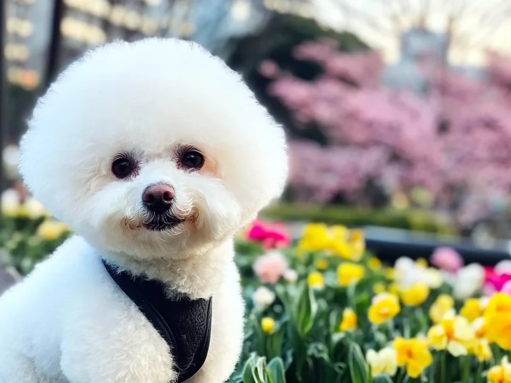 A small Bichon Frise with a puffy, round teddy bear haircut and white, curly fur, playing in a park.