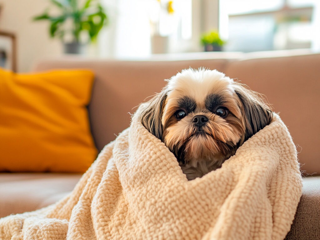 A small, teddy-bear-groomed Shih Tzu with round eyes and a plush coat, resembling a stuffed toy.
