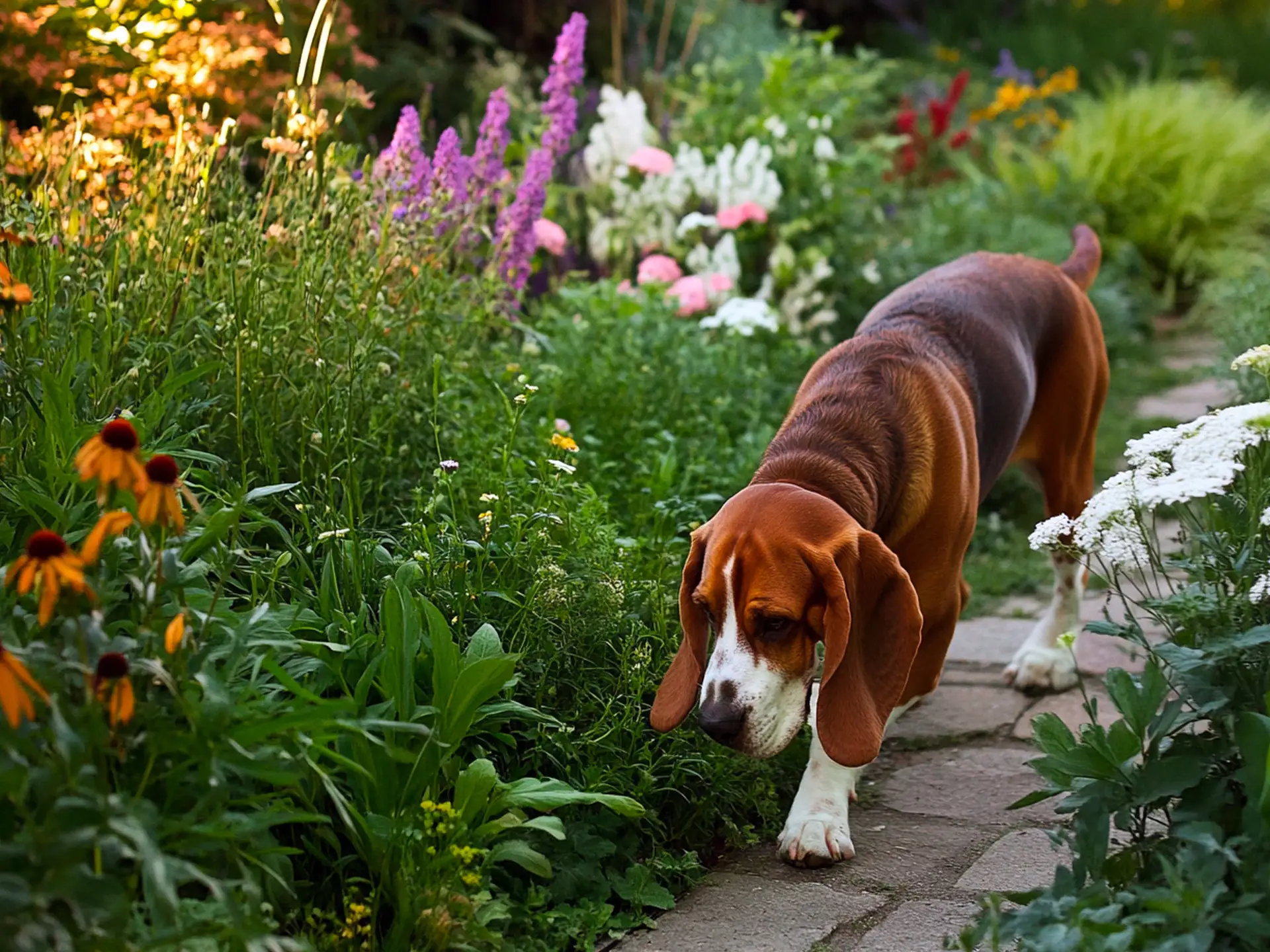 A Basset Hound sniffing around a garden, illustrating its acute sense of smell