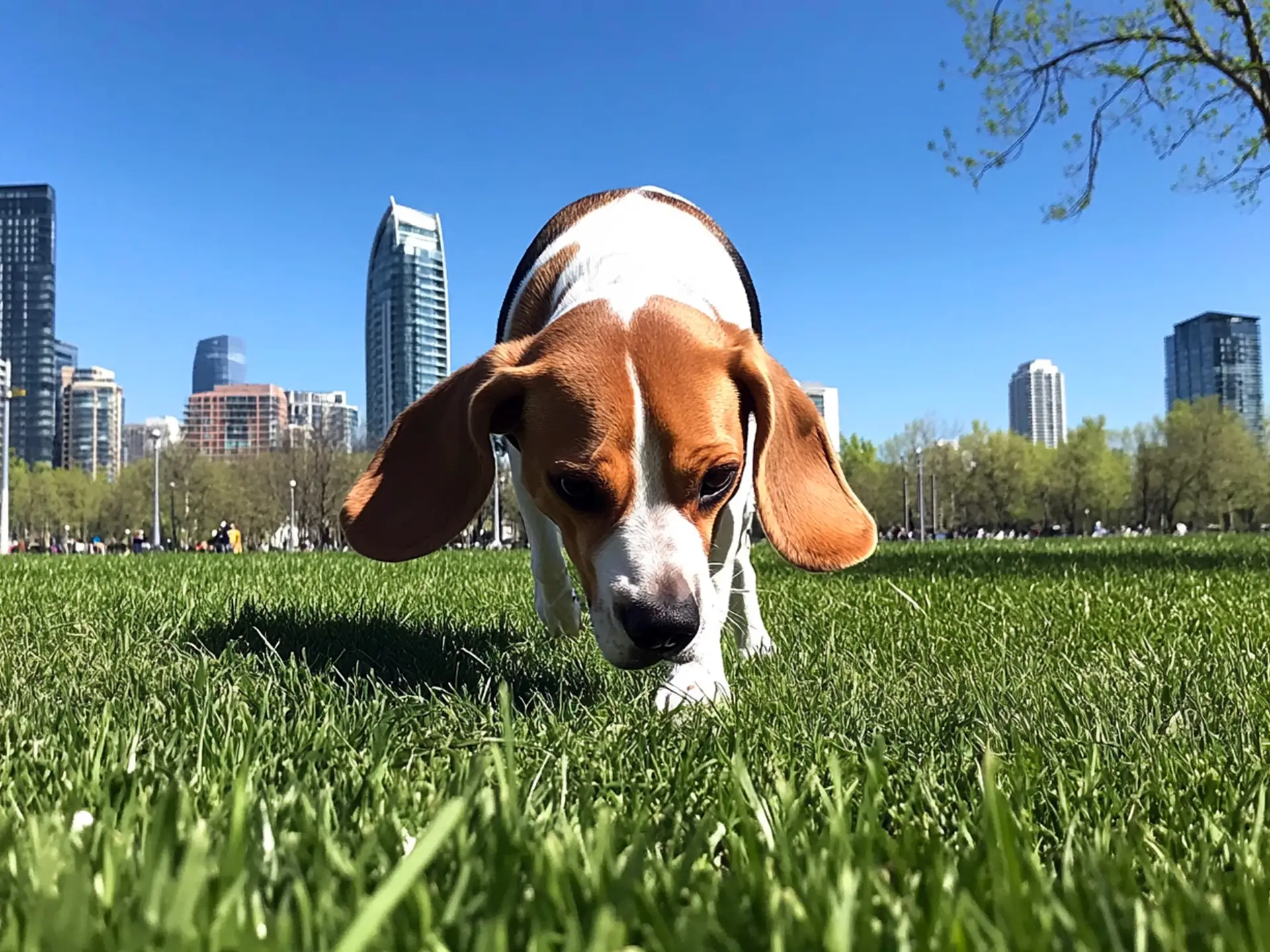 A lively Beagle in a park, demonstrating its exceptional tracking instinct with nose to the ground