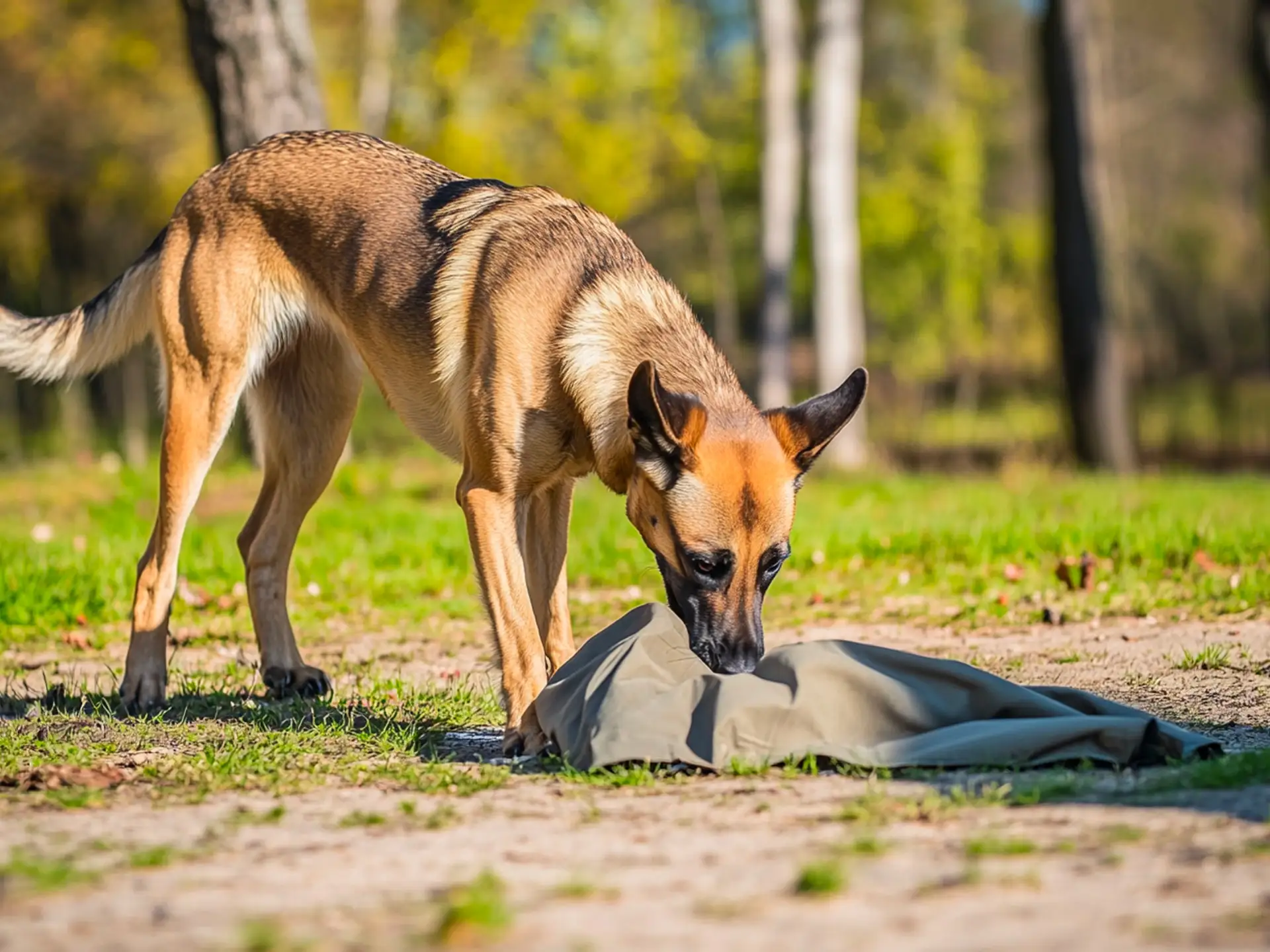 A Belgian Malinois sniffing an item during training, demonstrating its high-drive scent detection abilities