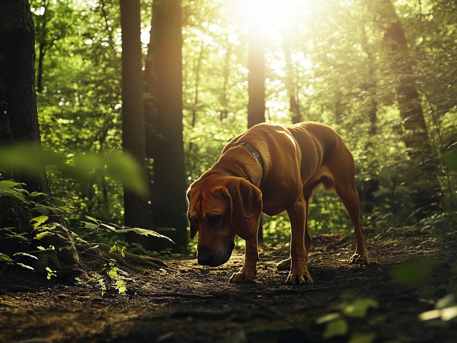 A Bloodhound sniffing the forest floor, showcasing its extraordinary scent detection capabilities