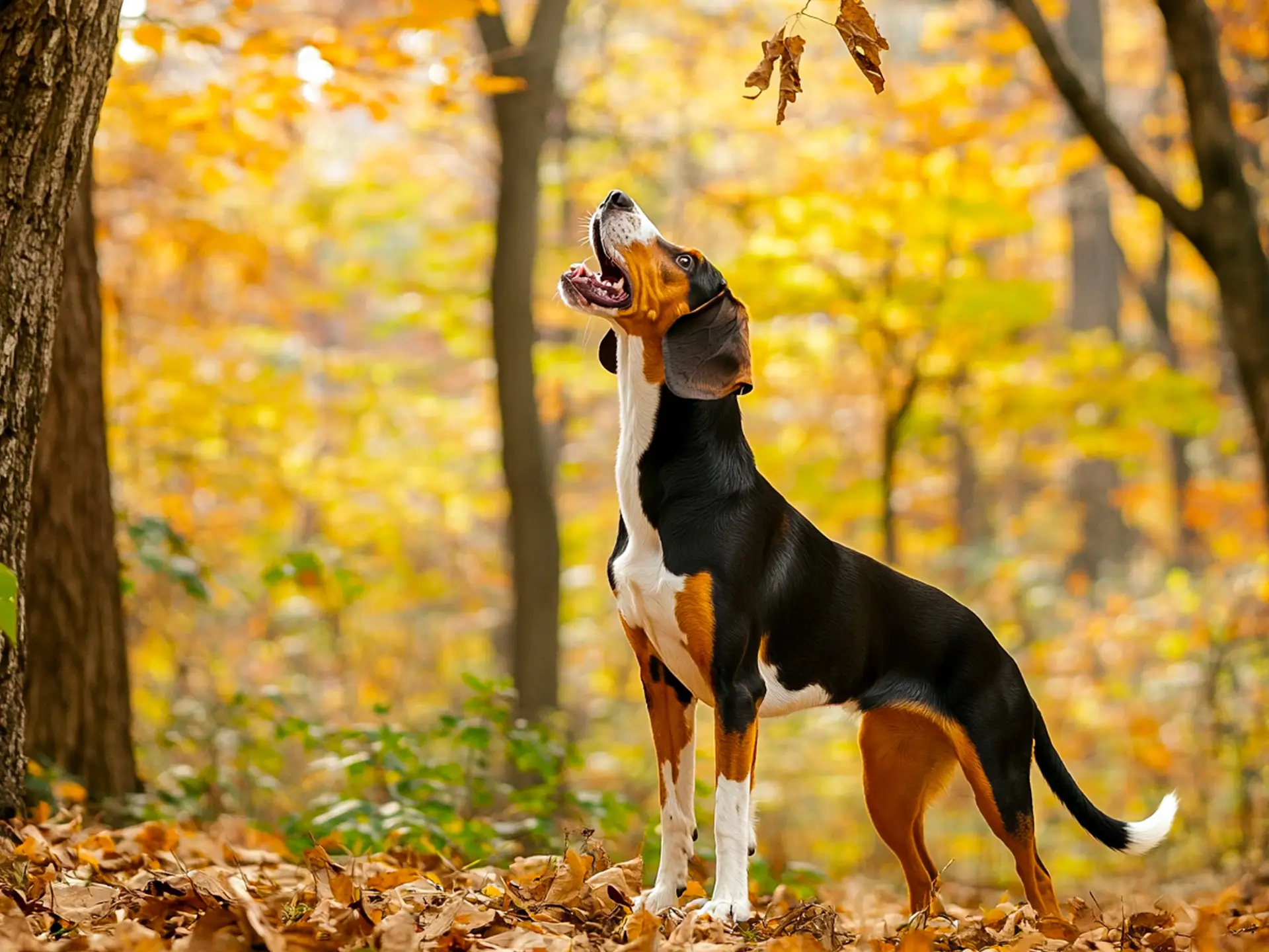 A Coonhound baying in the woods, emphasizing its trailing and scent-tracking abilities