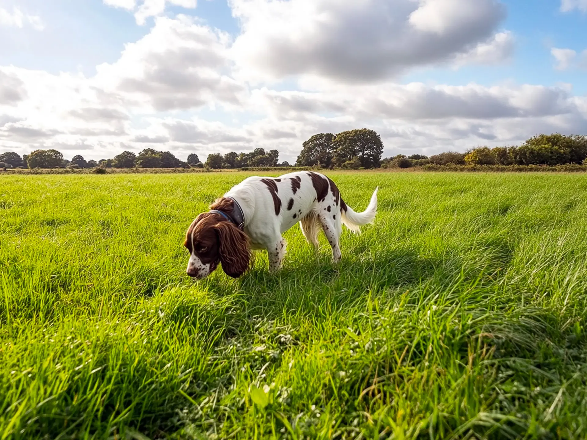 An English Springer Spaniel scanning an open field, demonstrating its eager-to-please nature and powerful nose