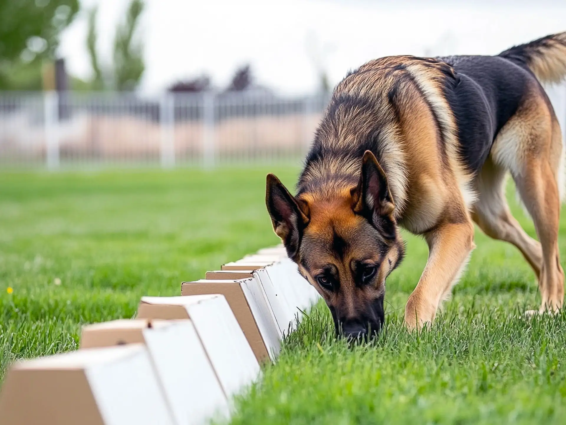 A German Shepherd during scent detection training, highlighting its strong sense of smell and focus