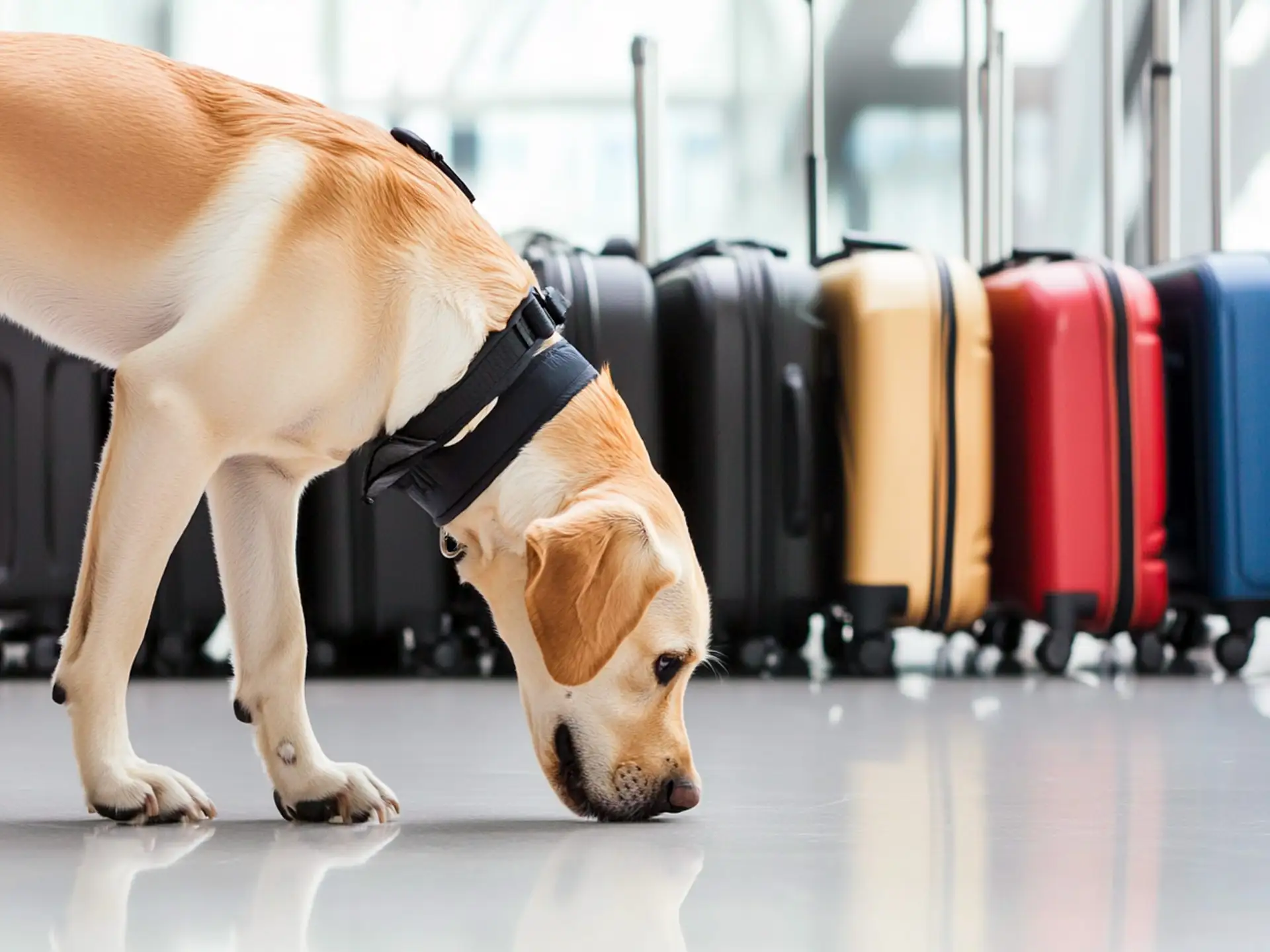 A Labrador Retriever conducting scent detection work on luggage, showcasing its keen sense of smell