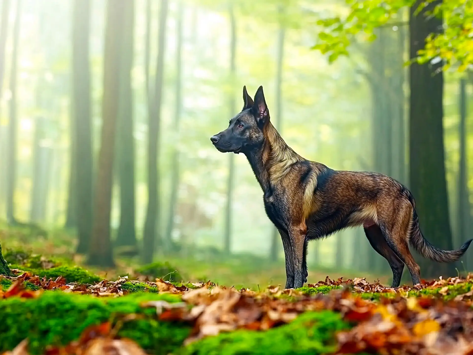 Dutch Shepherd with a brindle coat standing in a lush forest, highlighting its strong build and resemblance to a German Shepherd