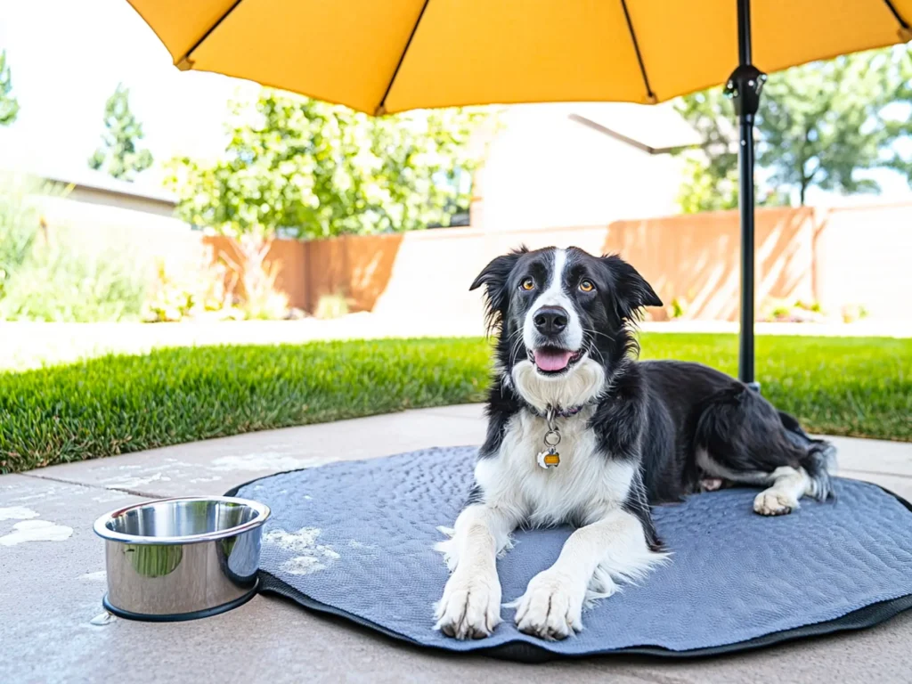 A dog lying on a cooling mat under an umbrella with a bowl of water