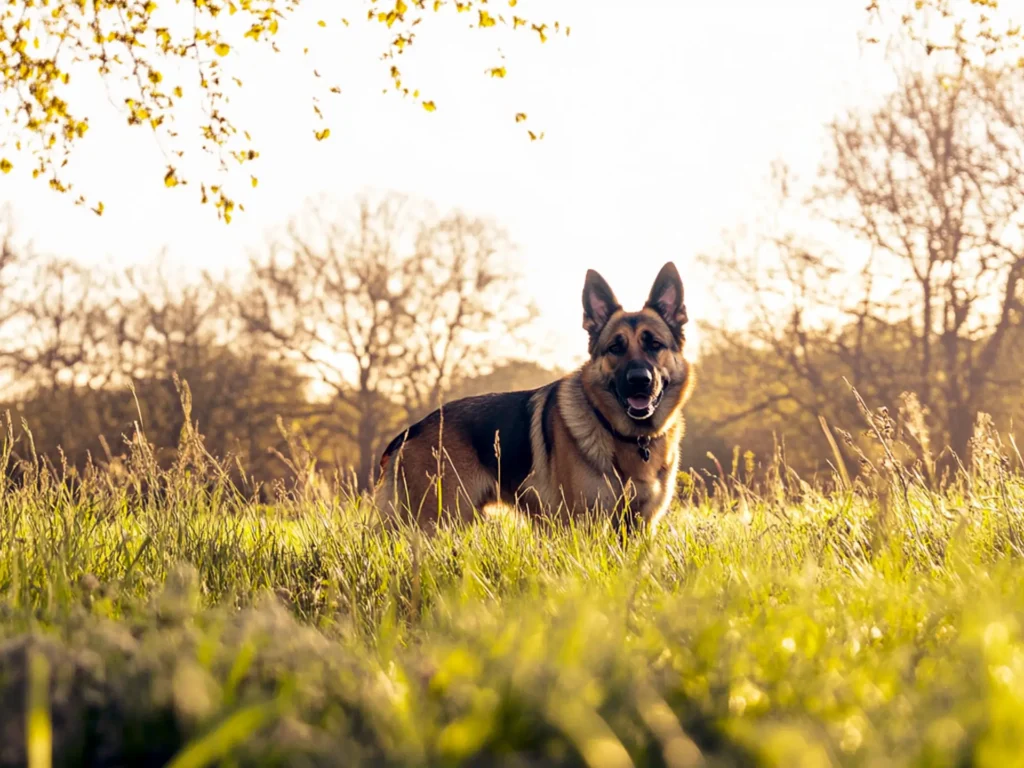 A classic German Shepherd standing in a green field, highlighting its iconic upright ears and strong stance