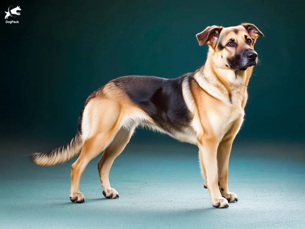 German Sheprador Dog breed full body view standing against green background