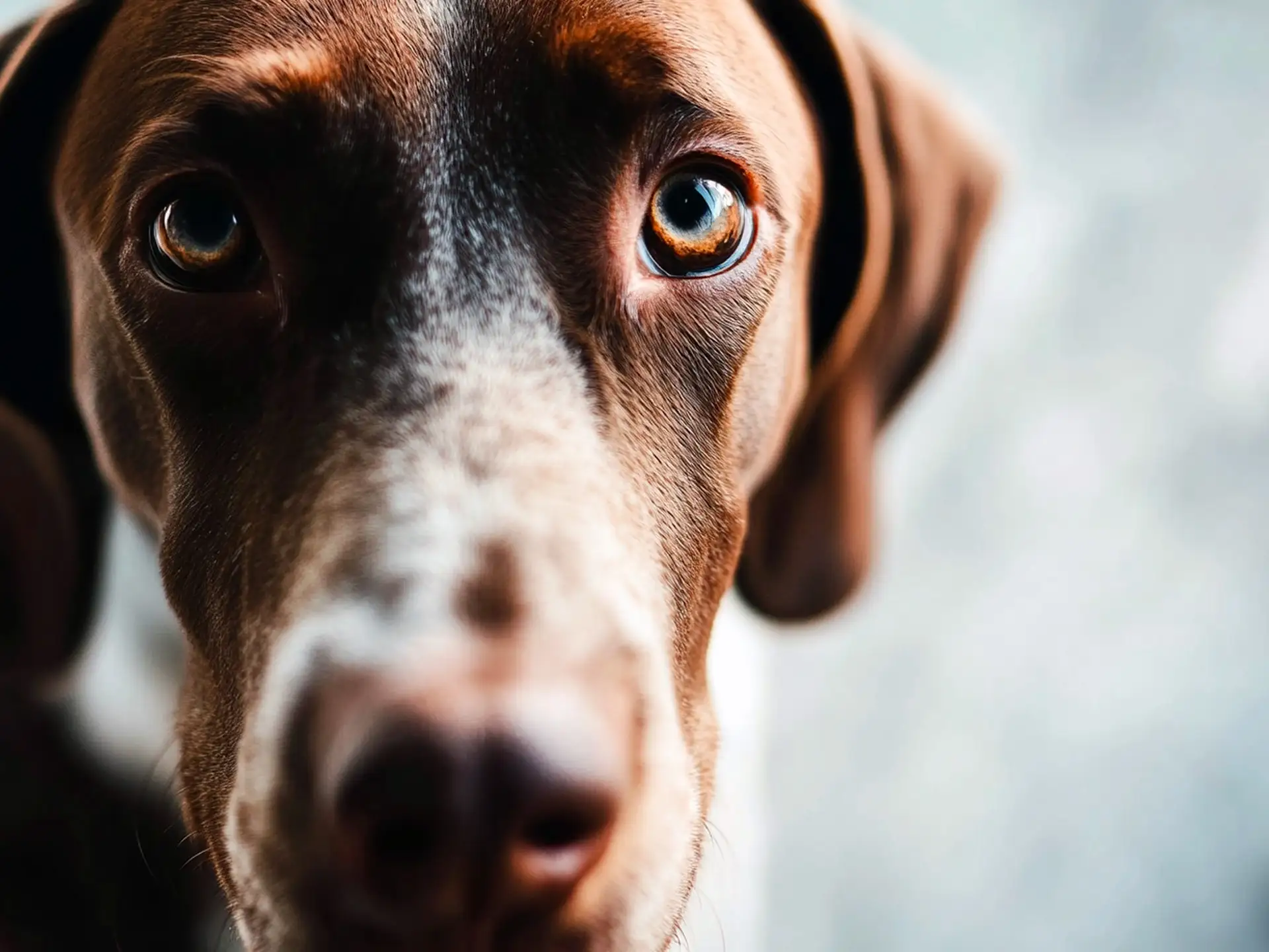 Close-up of a German Shorthaired Pointer's face with brown eyes and a speckled coat