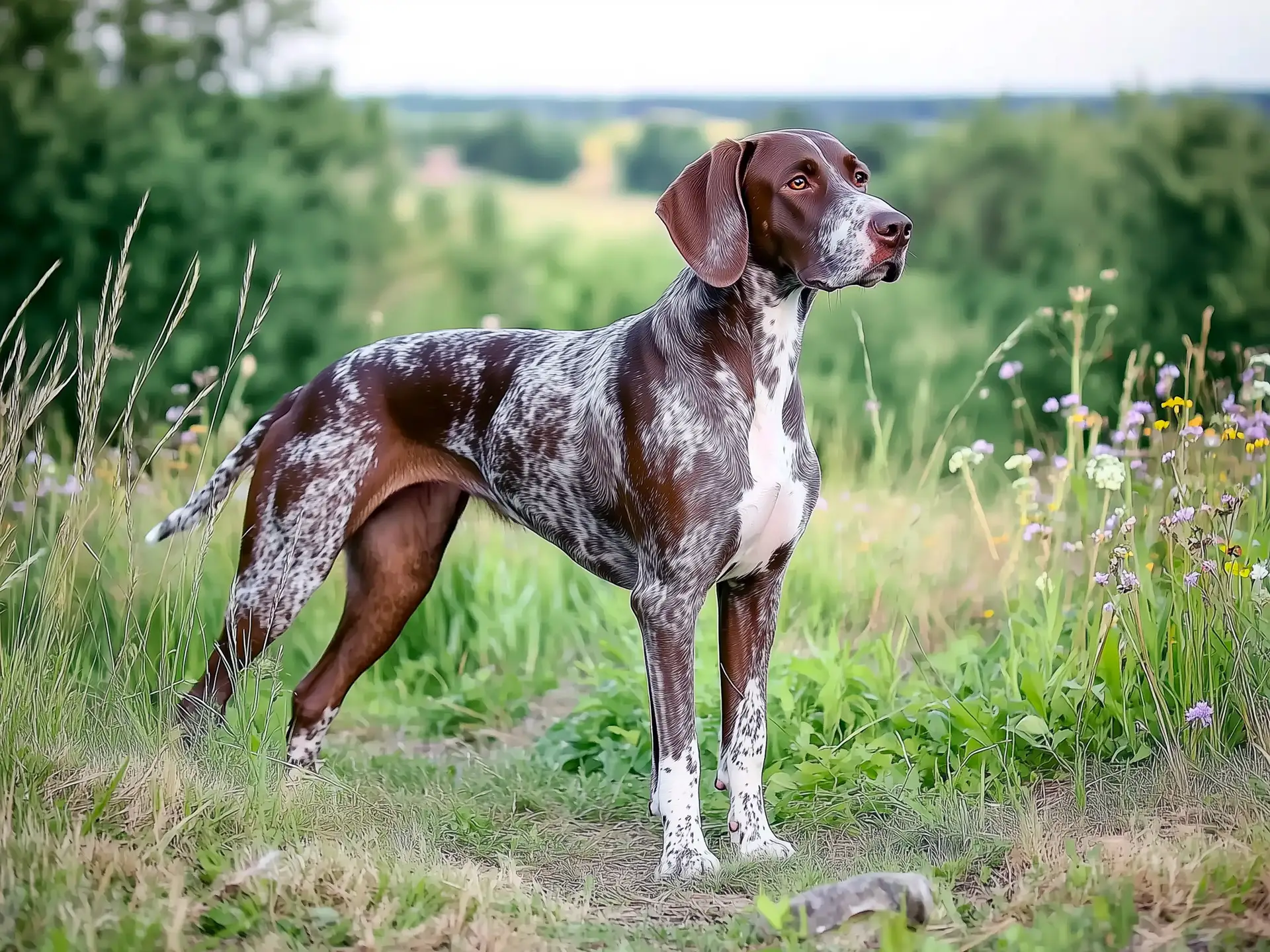 German Shorthaired Pointer standing in a meadow with wildflowers and lush greenery.