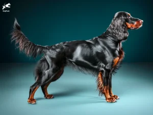 Gordon Setter Dog breed full body view standing against green background