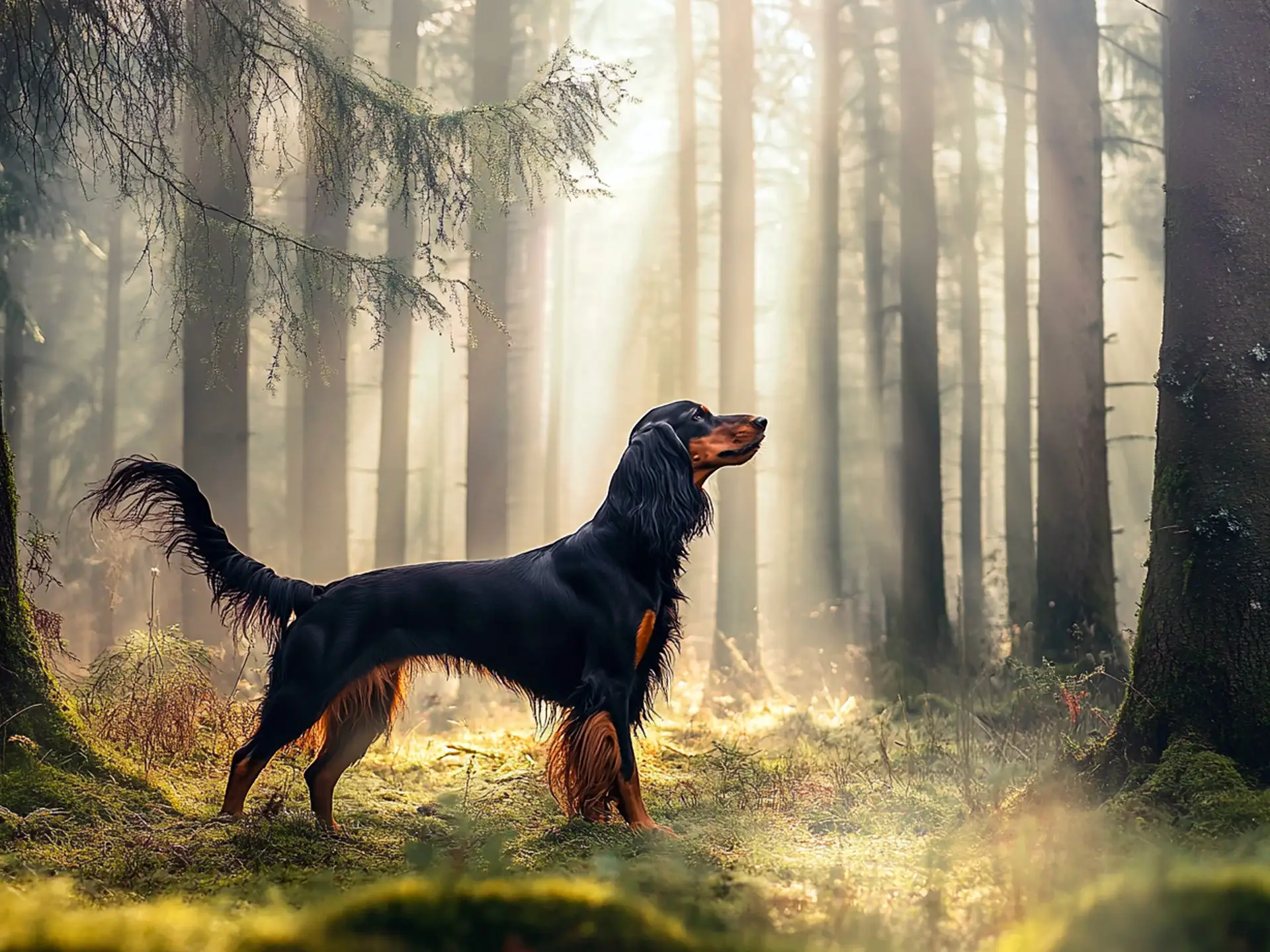 Gordon Setter standing in a misty forest with sunlight filtering through the trees