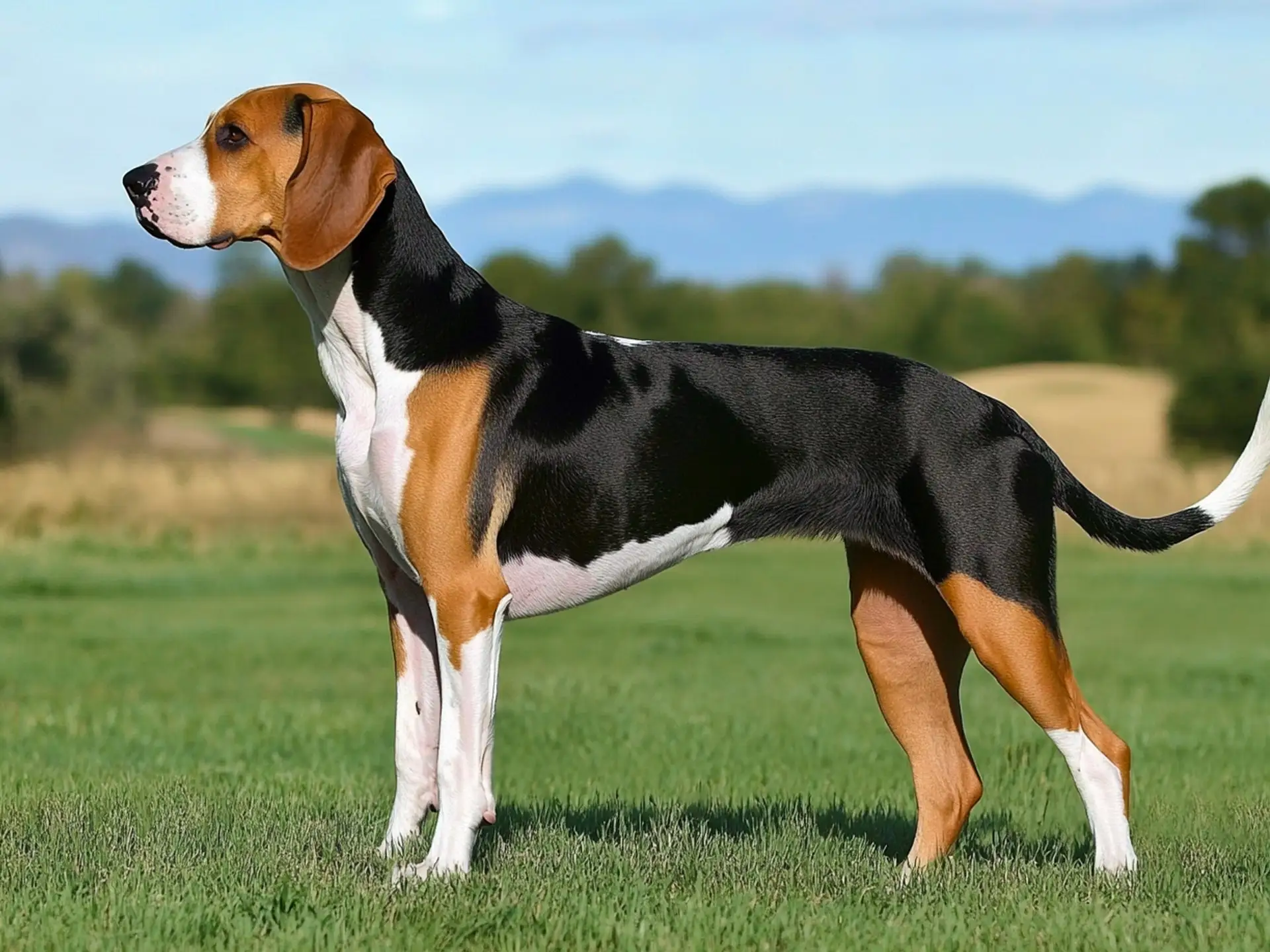 Grand Anglo-Français Tricolore standing outdoors on a grassy field, showcasing its sleek tricolor coat and elegant posture