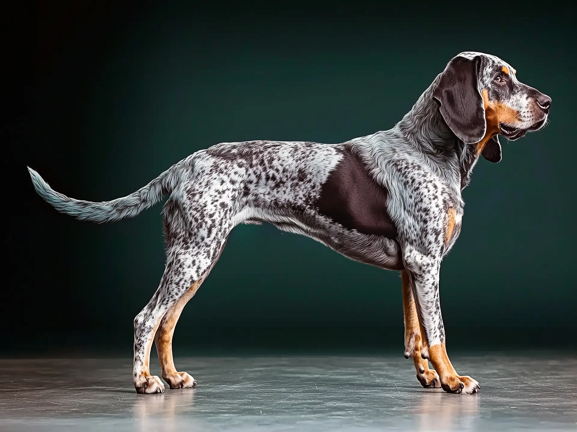 Great Gascony Blue (Grand Bleu de Gascogne) Dog breed full body view standing against green background