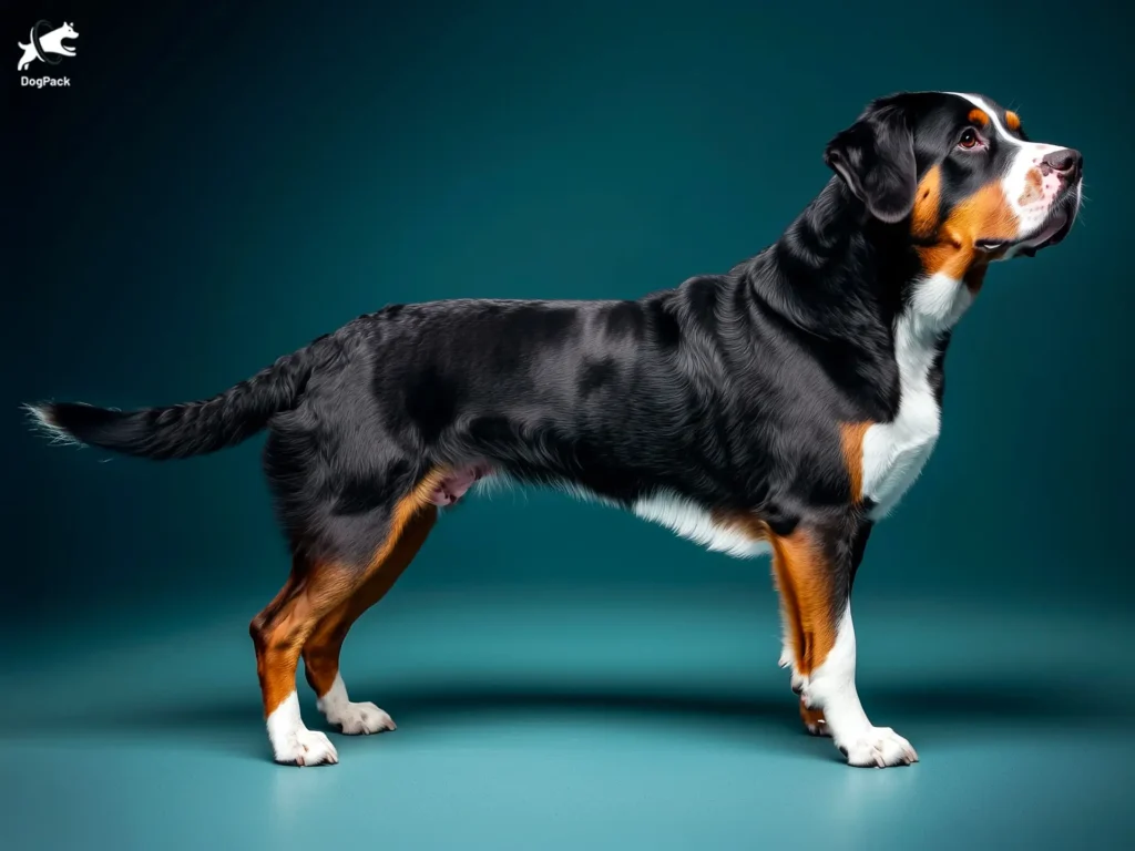 Greater Swiss Mountain Dog breed full body view standing against green background