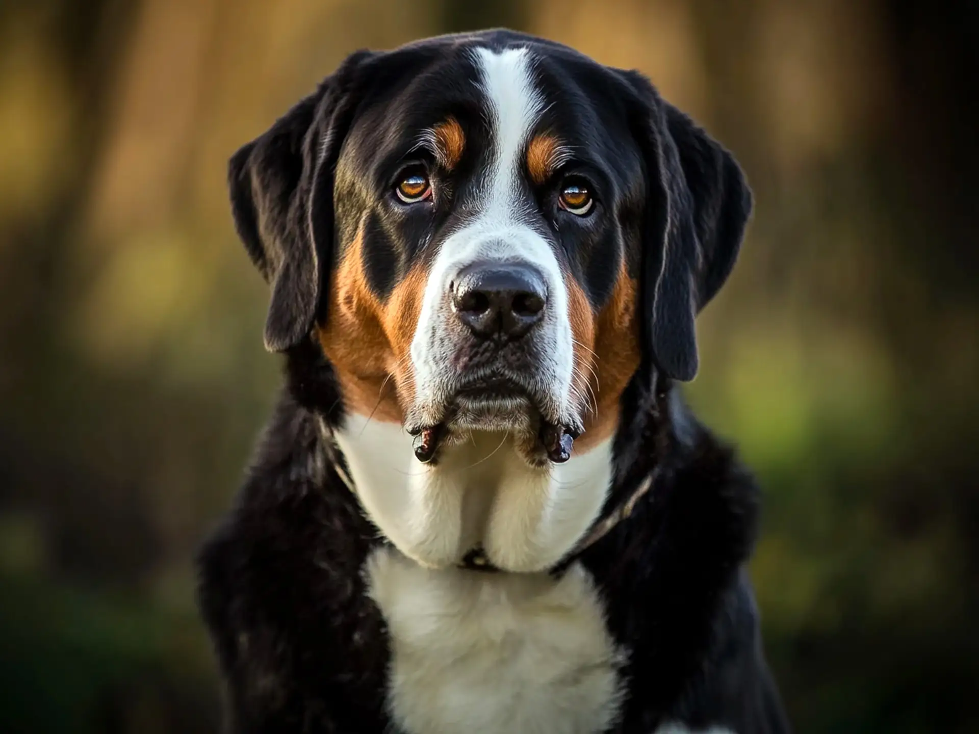 Close-up of a Greater Swiss Mountain Dog with a calm expression, showcasing its tricolor coat and distinctive features