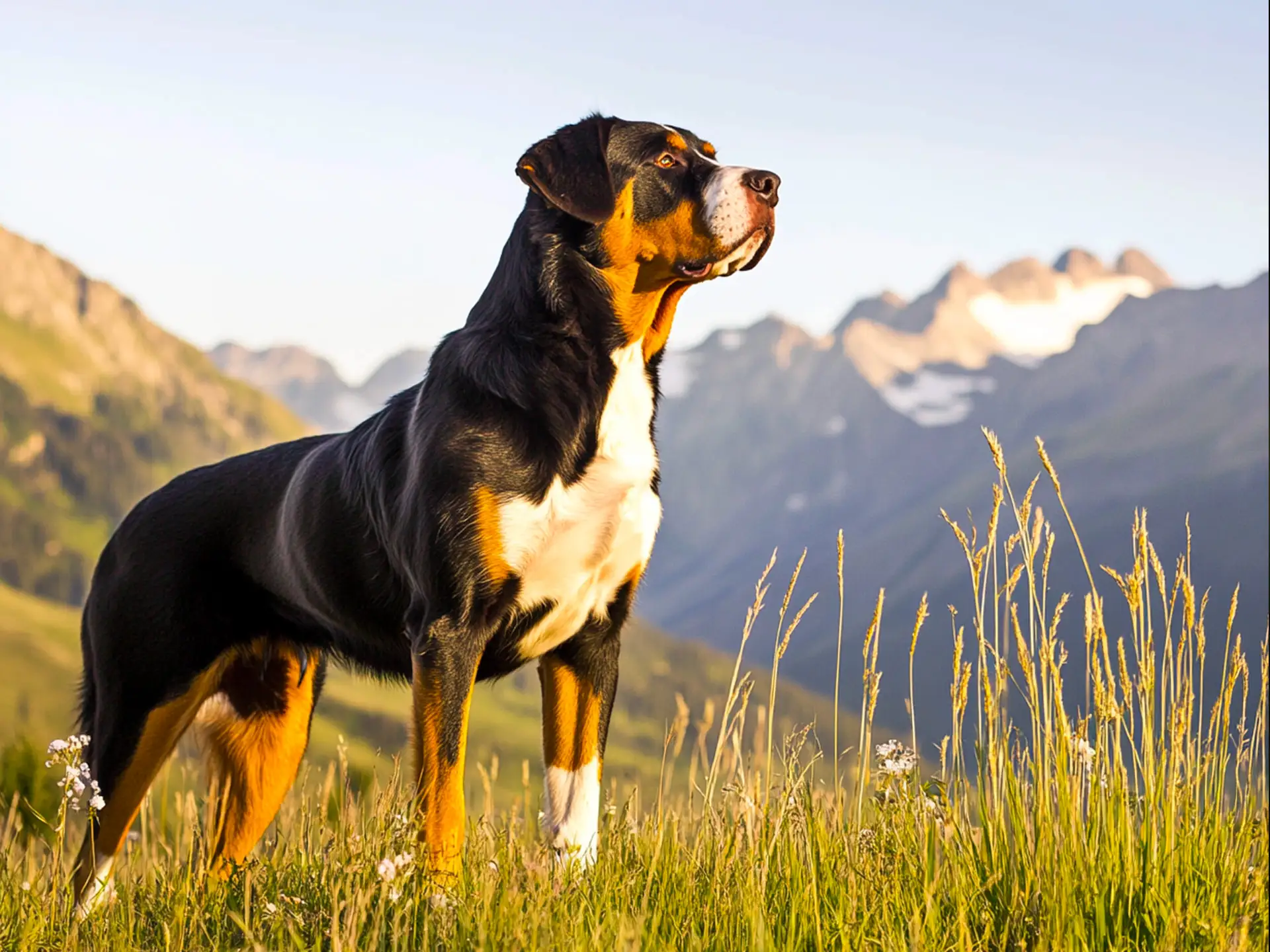 Greater Swiss Mountain Dog standing in a mountain landscape, highlighting its strong build and confident stance.