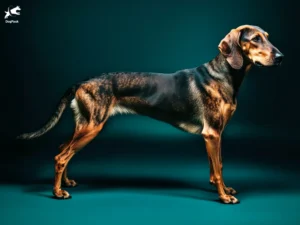 Greek Harehound Dog breed full body view standing against green background