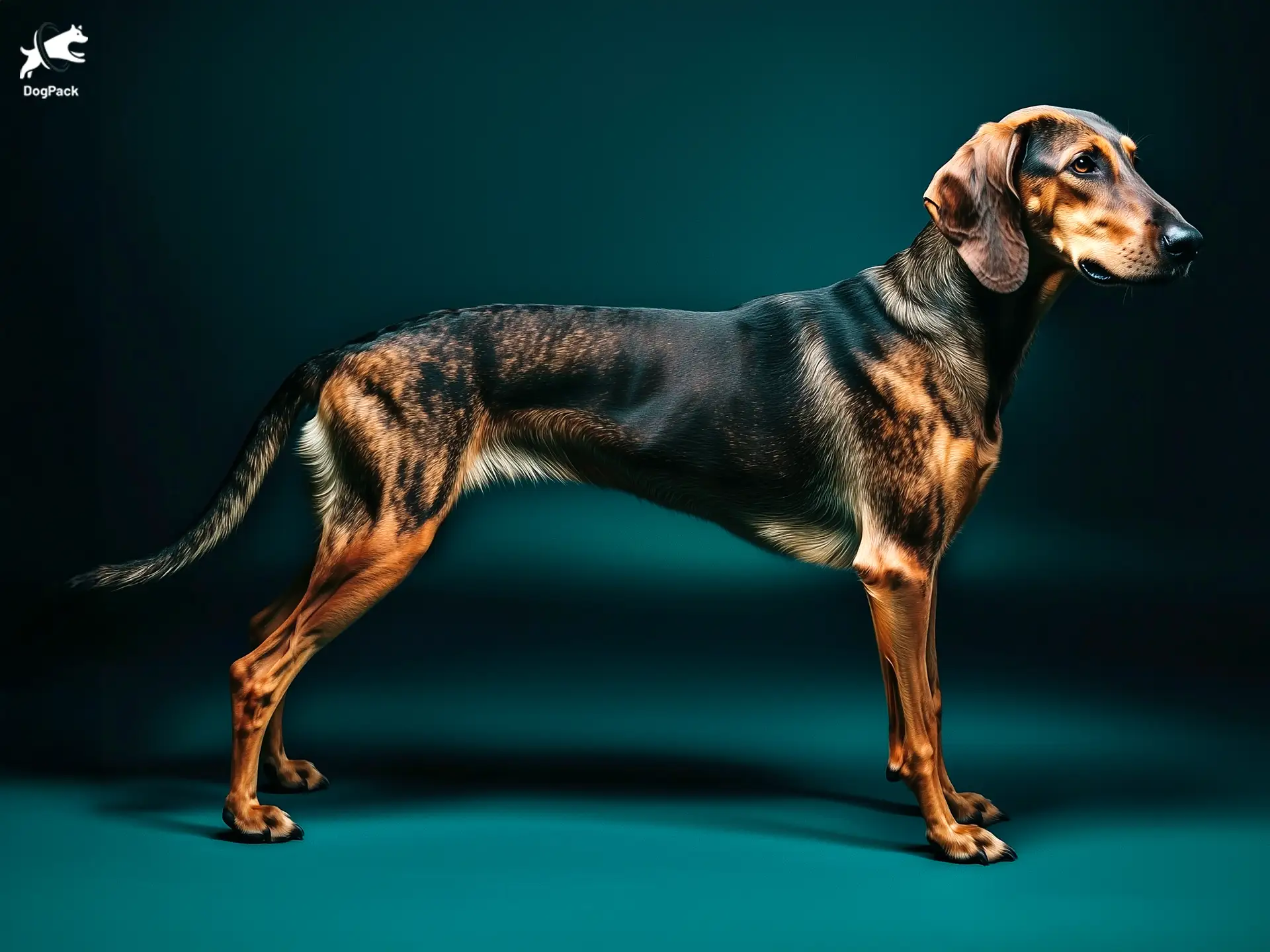 Greek Harehound Dog breed full body view standing against green background