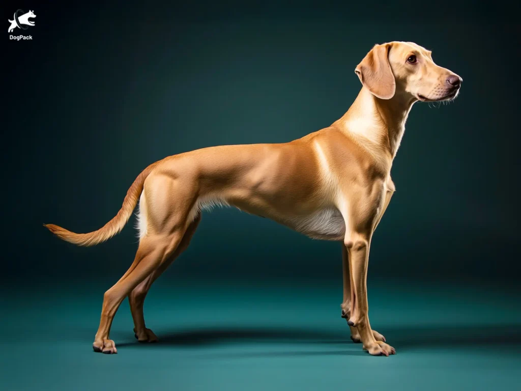 Greyador Dog breed full body view standing against green background