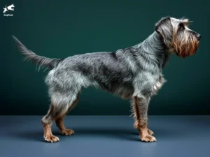 Griffon Nivernais Dog breed full body view standing against green background