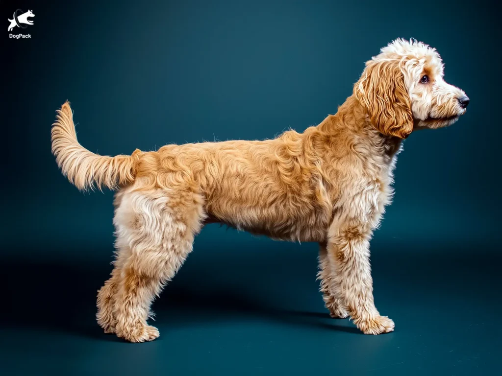 Groodle Dog breed full body view standing against green background