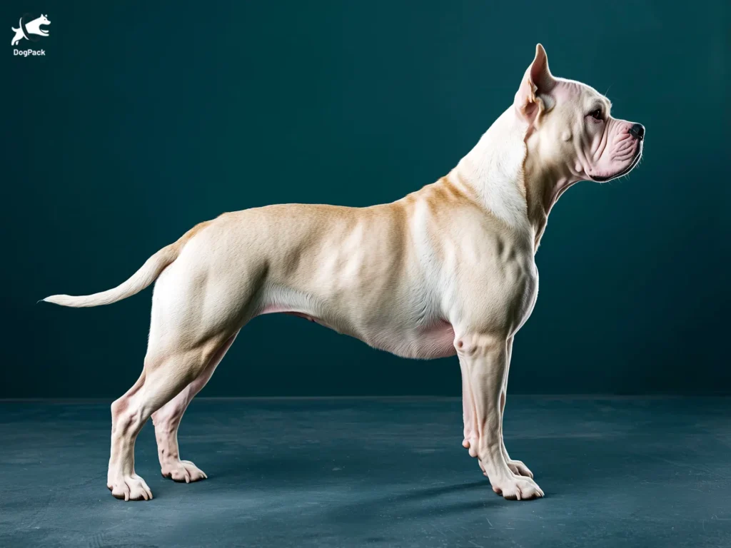 Guatemalan Dogo Dog breed full body view standing against green background