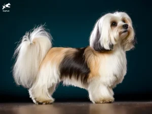 Havanese Dog breed full body view standing against green background