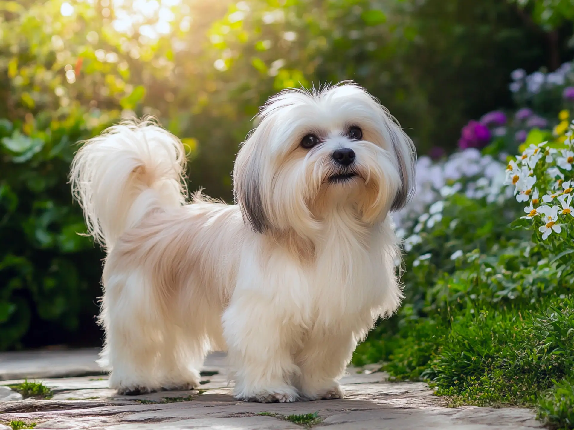 A fluffy, cream-colored Havanese standing on a garden pathway surrounded by greenery and flowers, bathed in soft sunlight