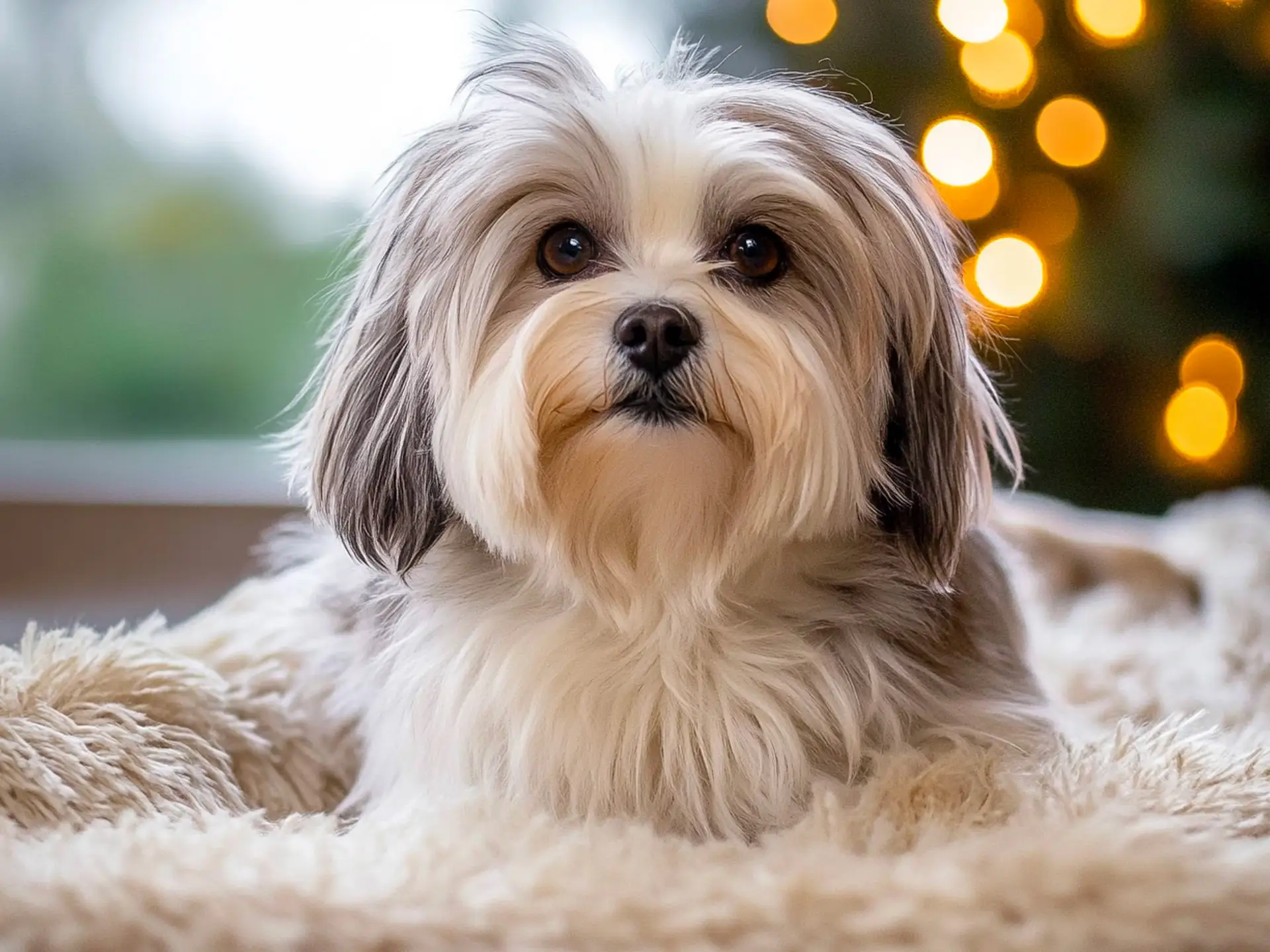 A relaxed Havanese lounging on a cozy, beige blanket indoors, with soft lights glowing in the background