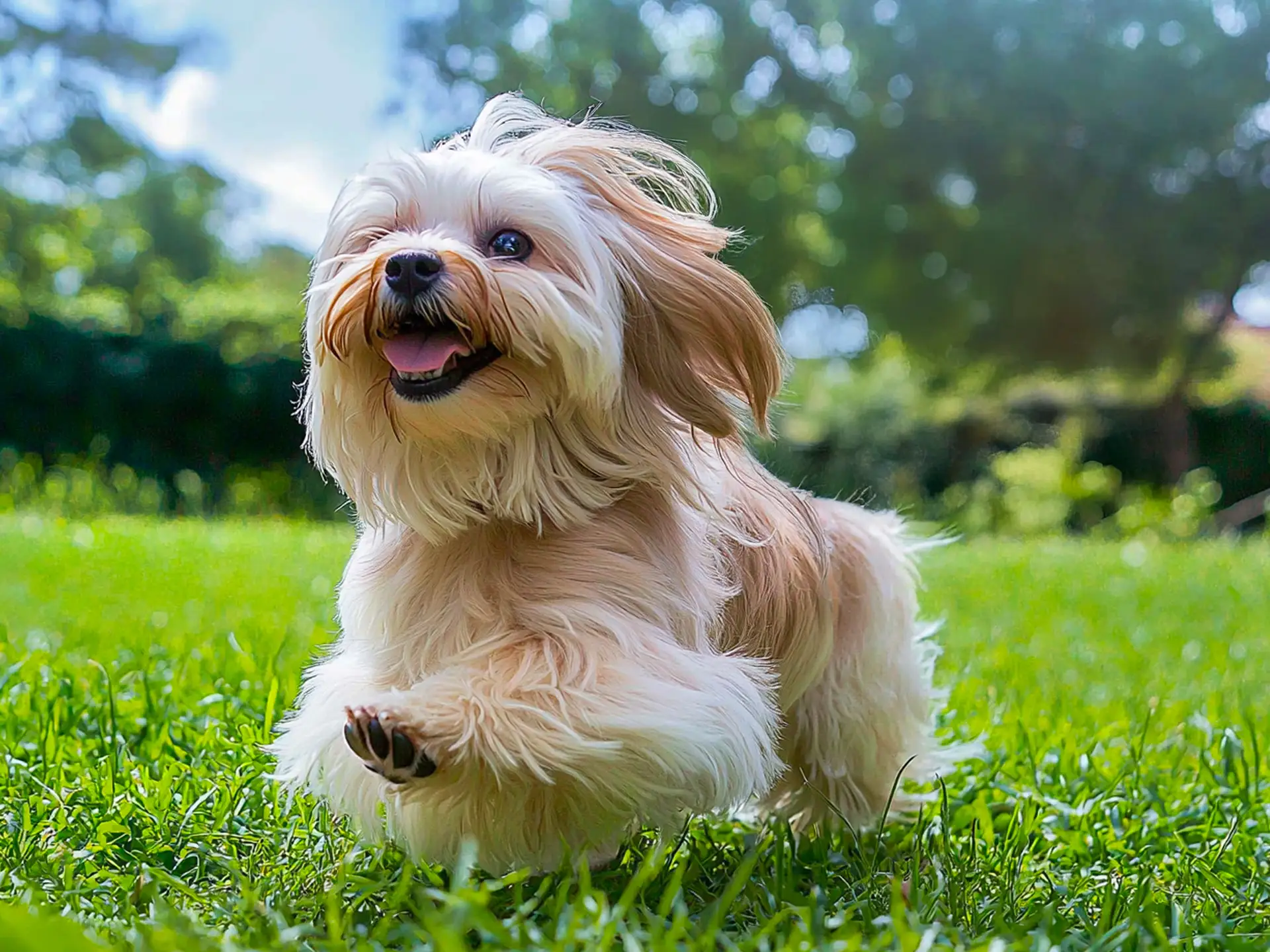 A joyful Havanese running energetically on a green lawn, its long fur flowing in the breeze on a sunny day