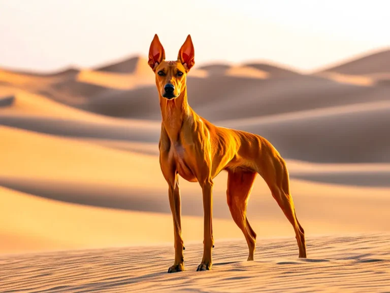 Pharaoh Hound, known for thriving in hot climates, standing confidently against a sunlit desert backdrop, representing hot weather dog breeds