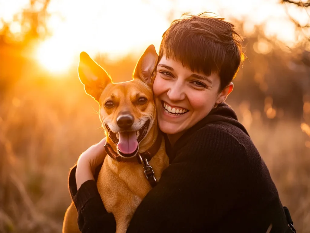 An owner hugging a short-haired dog at sunset