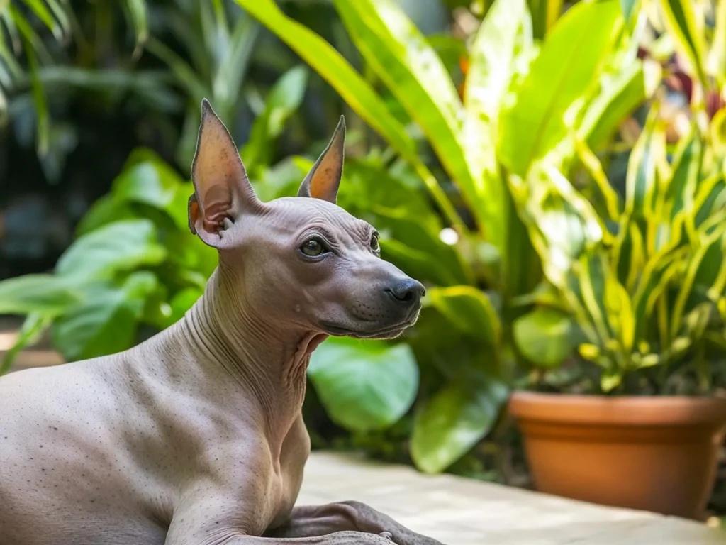 A hairless Xoloitzcuintli relaxing on a sunny patio with tropical foliage