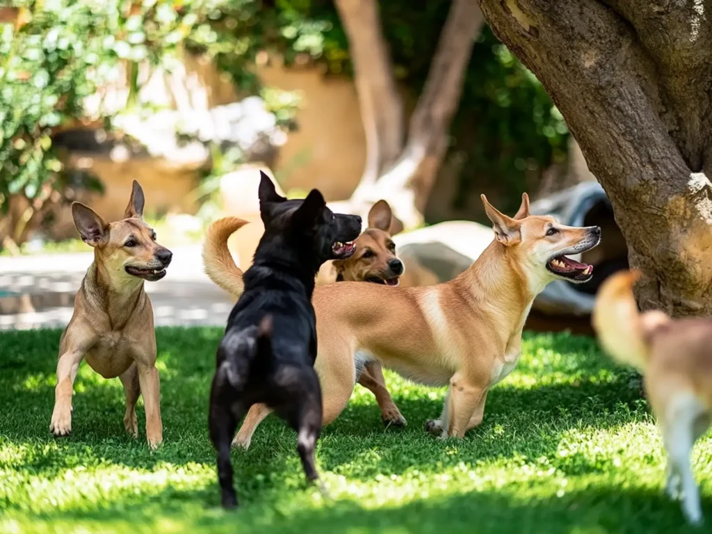 Short-haired dogs with large ears playfully interacting outside in sunny weather