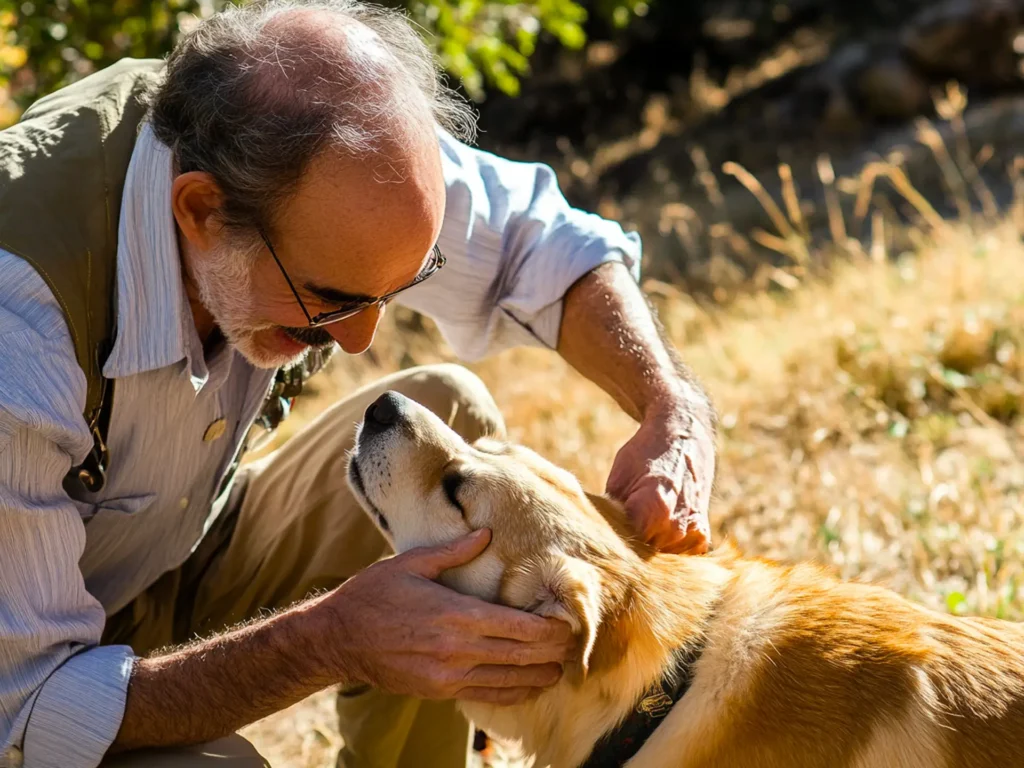 A veterinarian examining a dog’s coat in a sunny outdoor environment