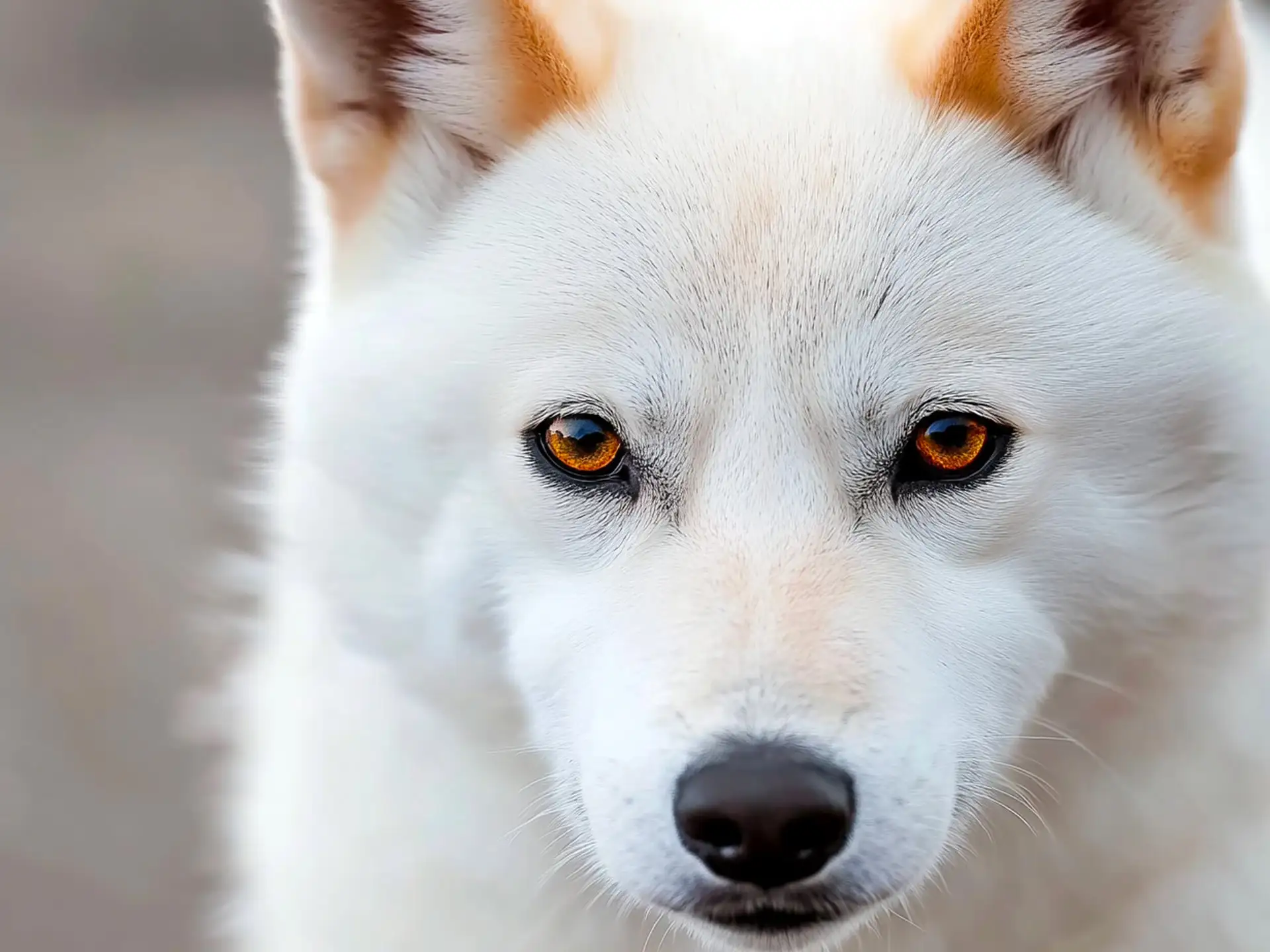 Closeup of a Kishu Ken's face, highlighting its sharp features and striking brown eyes