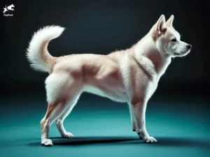 Kishu Ken Dog breed full body view standing against green background