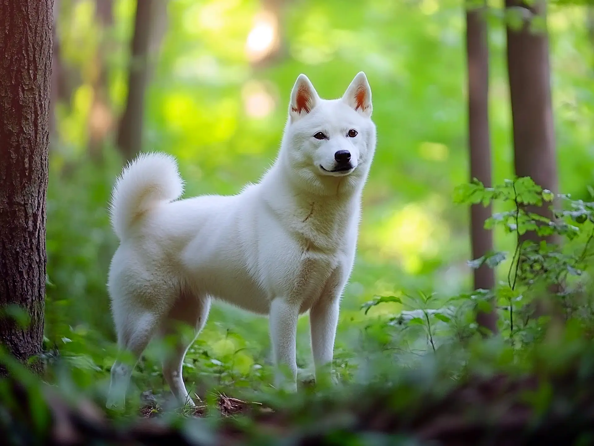 Kishu Ken in a lush green forest with sunlight filtering through the trees