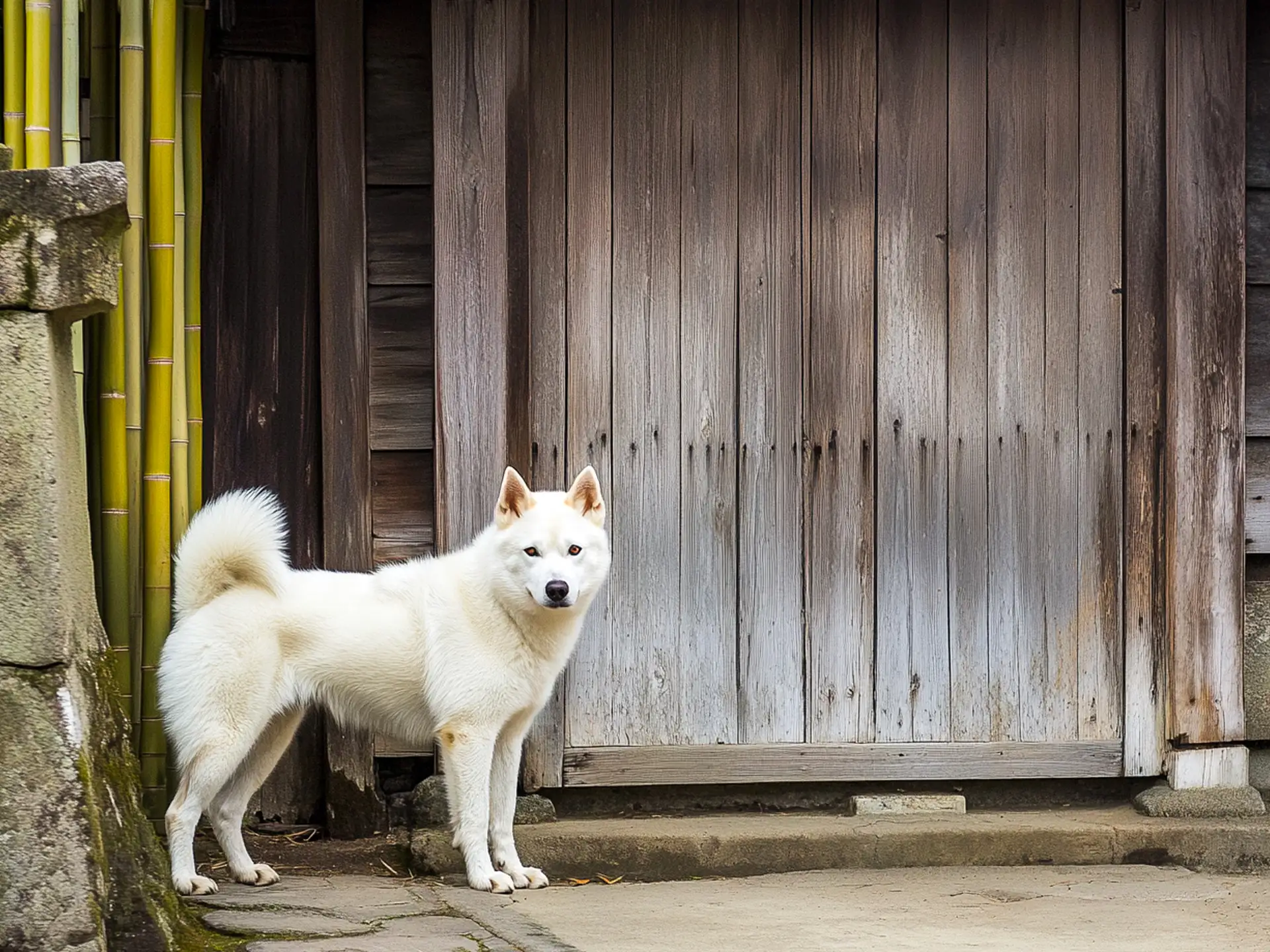 Kishu Ken, a Japanese primitive dog, standing in front of a traditional wooden building