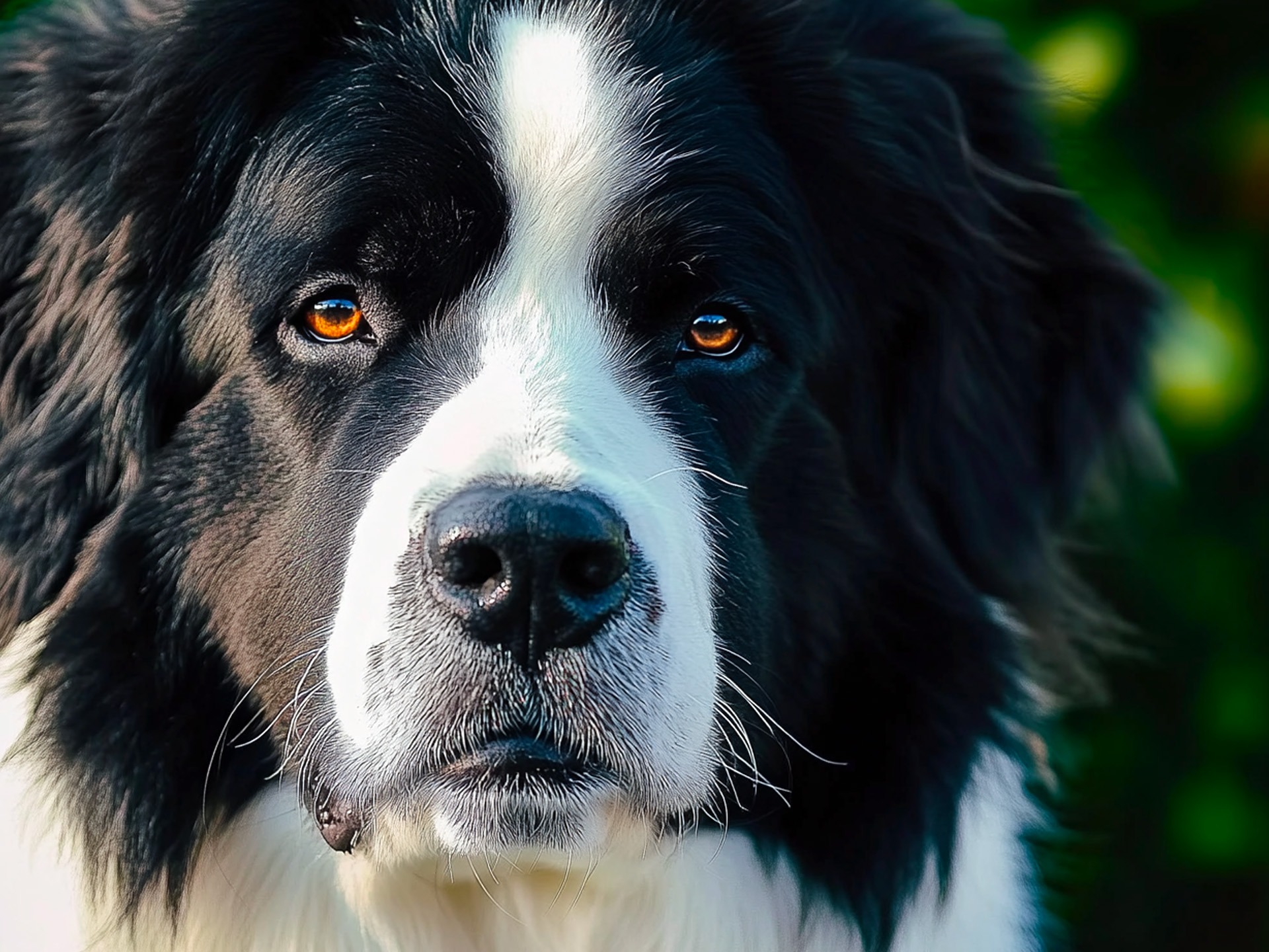 Close-up portrait of a Landseer dog with a focused expression and vibrant orange eyes, highlighting its black-and-white coat.